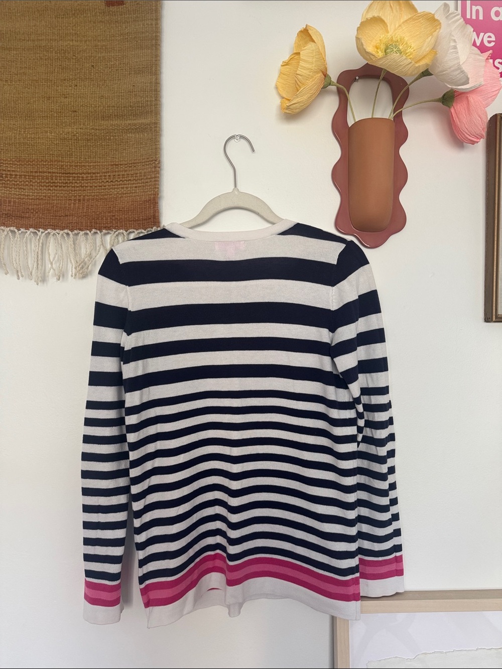 Lily Pulitzer Navy & White Striped Crew Sweater with Pink Accent Hem - Picture 3 of 4